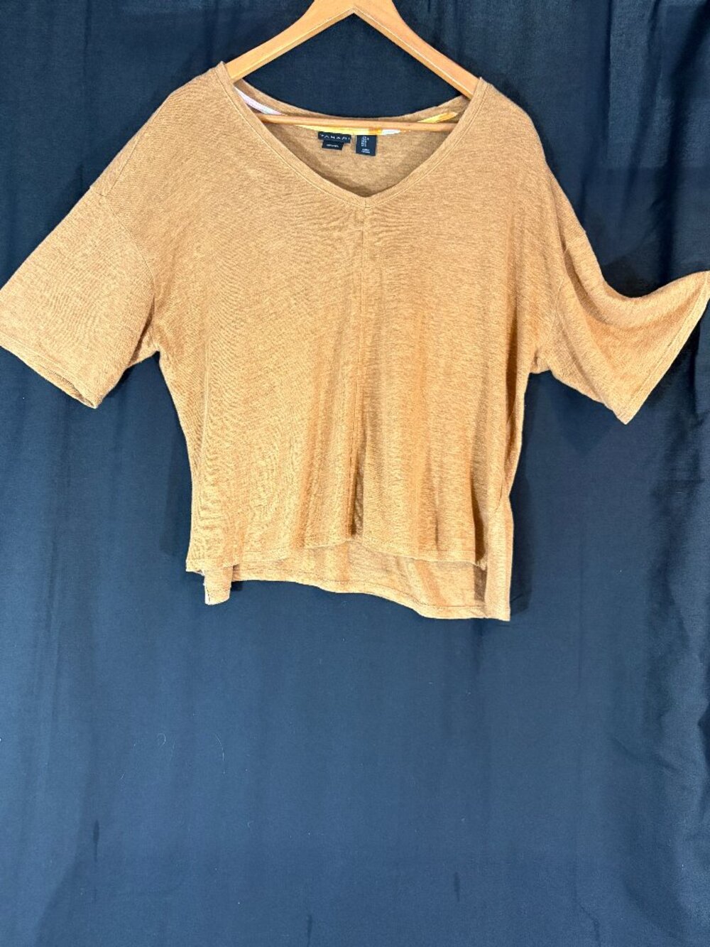 Tahari 100% Linen Slub Knit V-Neck Tee Tan Large